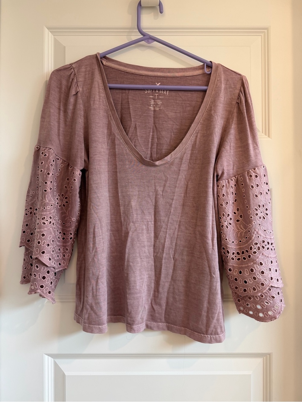 American Eagle Mauve Eyelet Bell-Sleeve V-Neck Top